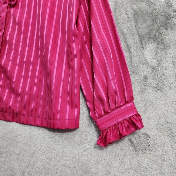 Vintage JCPenney Top Womens 18 Pink Striped Satin Ruffled High Neck Long Sleeves - Picture 3 of 10